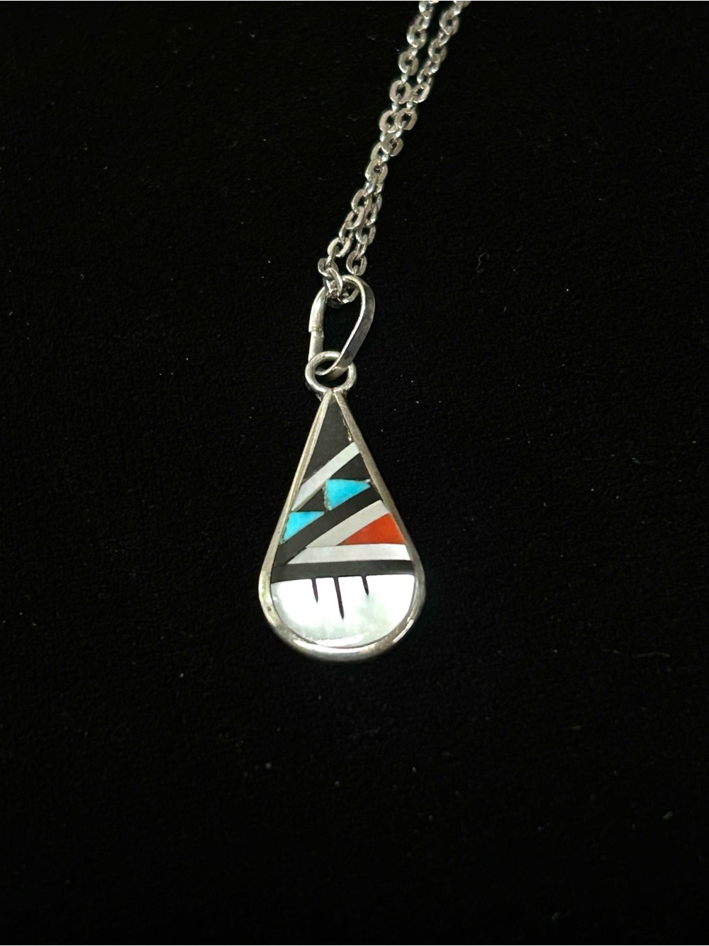 Zuni Multi Stone Sterling Silver Teardrop Inlay Pendant Necklace